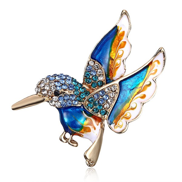 Broche colorido de cristal de circón colibrí con diseño de pájaro azul