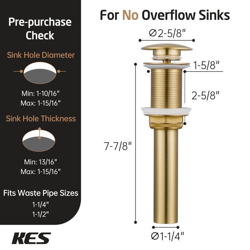 KES Sink Drain Without Overflow Bathroom Pop Up Drain Assembly