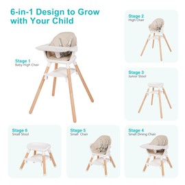 Komcot High Chair, 6 in 1 Wooden Convertible High Chairs for Babies and Toddlers, Booster Seat with Double Tray & Reversible Footrest Baby Highchair, 5-Point Harness Baby Feeding Chair, Black