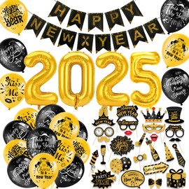 HOWAF Happy New Year Decorations Black Gold New Year Balloons 2025 Foil Balloons Happy New Year Banner New Year Photo Booth Props for New Year’s Eve Party Decorations Supplies 2025 Nye Decorations
