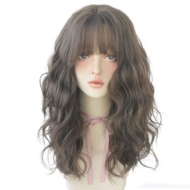 URCGTSA Long Wavy with bangs Synthetic Wigs for women Party Wigs Natural Looking Heat Resistant Fiber Hair 22 Inches Cold brown