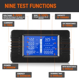 MNJ MOTOR DC Multifunction Battery Monitor Meter, 0-200V 0-100A LCD Display Digital Current Multimeter Voltmeter Ammeter for Cars Rv Solar System