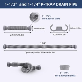 iFealClear 2 Pack P-Trap Drain Pipe, Flexible Sink Drain Pipe with 4 Rubber Sealing Rings, Expandable 11"-34.5" P Trap Tube Fits 1-1/2'', 1-1/4'' Holes for Kitchen, Bathroom, Garbage Disposal, Gray
