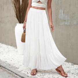 Fjquamitix Women's Vintage White Maxi Dress High Waisted A-Line Elastic Waist Midi, Anti-See-Through Opaque Wedding Guest Dress for Beach Summer (UK, Alpha, S, Regular, Regular, Standard, White)