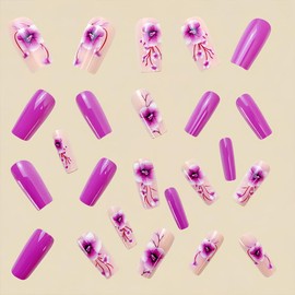 24Pcs Purple Press on Nails Medium Length Fake Nails Square Full Cover Acrylic Nails Flower Stick on Nails Floral False Nails Designs Glossy Artificial Reusable DIY Manicure for Women Girls