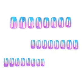 TBRZTR Blue Purple Gradient Press on Nails Medium Length Glossy False Nails Artificial Acrylic Nails Square Nails 24Pcs Full Cover Reusable Coffin Fake Nails Glue on Nails for Women Kit