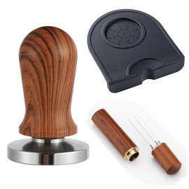WELLYUK 53mm Spring Loaded Espresso Tamper and Stirrer Set Includes Silicone Tamping Mat, Walnut Wood Coffee Tamper with Barista Accessories Kit for Espresso Machine, Wooden