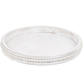 Lnofemin Round Wood Serving Tray with Beads, White Washed Wooden Decorative Tray for Entertaining, Decoration, and Gifting
