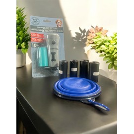 Dog walking kit with Waste Bags Dispenser Set with Flashlight, 60 plus Bags, Collapsible Travel Bowl.