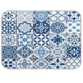 Blueangle Microfiber Dish Drying Mat, Blue Vintage Tiles Drying Mat for Kitchen counter,16" x 18", Easy Clean Drainboard Mat, Non-Slip Dish Drainer Pad for Kitchen Counter