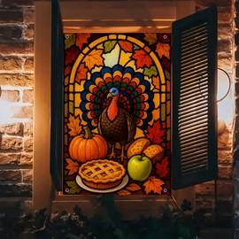 BlissYard Thanksgiving Window Banner 31x47 Inch Turkey Window Cover Fall Pumpkin Pie Decor Window Panel Autumn Food Backdrop Harvest Window Decoration for Indoor Outdoor Wall Background Display