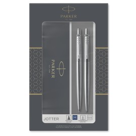 Parker Jotter Duo Gift Set with Ballpoint Pen & Mechanical Pencil (0.5mm) | Stainless Steel with Chrome Trim | Blue Ink Refill