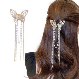 Rannyrena Gold Butterfly Hair Claw Clips Pearl Chain Tassel Rhinestone Butterfly Flower Hair Clips Tassel Nonslip Clamps Hair Accessories for Women (Crystal Butterfly Pearl Chain Tassel B)