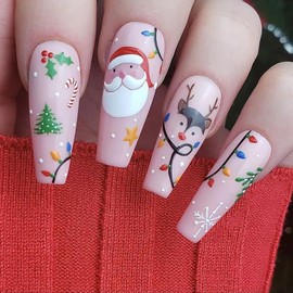 Christmas Press on Nails Long French Tip Acrylic Nails Cute Santa Claus Elk Design False Nails Artificial Fake Nails Full Cover Coffin Nails Winter Xmas Nail Art Decorations Glue on Nails for Women