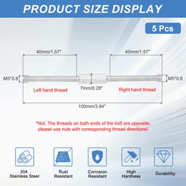 PATIKIL M5x100mm Double End Threaded Stud Screw, 5pcs 304 Stainless Steel Hex Bolt Left and Right Hand Threaded Rod Bar Adapter for Furniture Hardware, House Maintenance