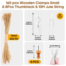 Hengxinc 168PCS Mini Wooden Pegs, 2.5CM Natural Small Pegs, Wedding Photo Pegs, Mini Pegs for Polaroid Photos with 10M Jute String, DIY Small Wooden Pegs for Photo Party Anniversary (White)