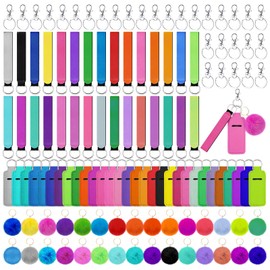 Tudomro Lipstick Holder Keychain Pom Poms Keychains Bulk Lip Balm Holder Keychain Set Include Colorful Wristlet Keychain Ball Metal Keychains for Lipstick Lanyards Women(Candy Color,30 Sets)
