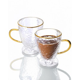 Sister.ly Drinkware, Hammered Double Wall Glass Coffee Cups with Gold Rim and Gold Handle, Insulated Glass Coffee Mugs, Set of 2, 12 ounces. Perfect for Espresso, Latte, Tea, Irish Coffee