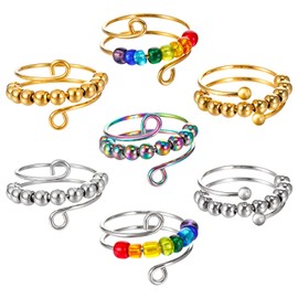 Yuanchu 7 Pieces Anxiety Ring For Women, Adjustable Fidget Ring Anti Anxiety Ring with Beads Rotatable Fidget Rings for Anxiety