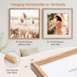 16x16 Picture Frame - Solid Oak Wood Picture Frames with HD Tempered Glass, Handcrafted Rounded Corner 16 x 16 Wooden Frame Matted to 12x12 Photos, Horizontal or Vertical Wall Display, 1 Pack