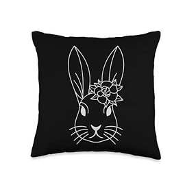 Easter Bunny Lineart Floral Print Throw Pillow, 16x16, Multicolor