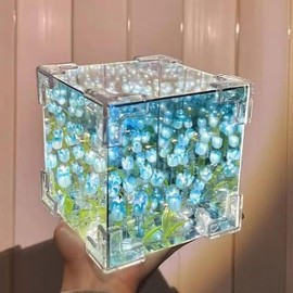 C&M LED Tulip Night Light, Decorative Table Lamp with Mirror, 21 Flowers, Handmade DIY Magic Cube Design (Blue)