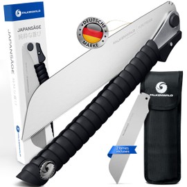 Falkenwald Folding Japanese Saw - Wood Saw + 2 x Saw Blades 7TPI, 17TPI + Bag - Ideal for Working Wood - Hand Saw for Cross Section and Longitudinal Cut - Woodworking Tools