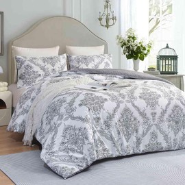 Faincy Paisley King Size Comforter Set, Grey Gray Classy Boho Damask Pattern Reversible Alternative Bedding Set - 104 x 90 in 3PCs Soft Microfiber Duvet Vintage Farmhouse Bed in a Bag for Women Men