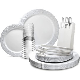 " OCCASIONS" 640 Piece set (80 Guests)-Vintage Wedding Party Disposable Plastic Plates & cutlery -80 x 10.25'' + 80 x 7.5'' + Silverware + Cups + PRE F Napkins (Portofino Plain White)