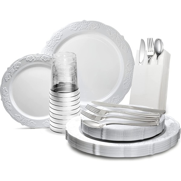 " OCCASIONS" 640 Piece set (80 Guests)-Vintage Wedding Party Disposable Plastic Plates & cutlery -80 x 10.25'' + 80 x 7.5'' + Silverware + Cups + PRE F Napkins (Portofino Plain White)