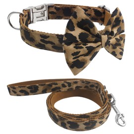 Soft Comfortable Adjustable Leopard Print Pet Collar with Bowtie, Heavy Duty Dog Collar and Leash Set for Small Medium Large Dogs Cats, Puppy Grooming Doggy Accessories, Length 12"-16"