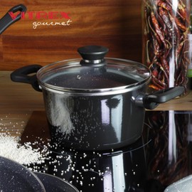 VITREX Granite Noir Metallic, 9.4 inches Ø stockpot with lid, made of black enameled steel, triple-layer non-stick coating with stone effect, suitable for all types of kitchens, cooking pot