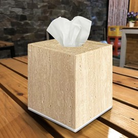 Tissue Box Cover Marble for Bathroom Storage, Natural Travertine Stone, Heavy Duty Facial Paper Toilet Tissue Holder, 5.5 x 5.5 x 5.5 in Square Design