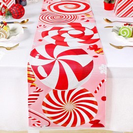 Christmas Candy Cane Table Runner Red White Sugar Table Runner Xmas Winter Snowflake Rectangular Tablecloth Washable Sweets Runner for Home Kitchen Dining Party Holiday Decor Wedding, 11.8 x 70 Inch