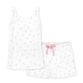 Little Label - Women's Summer Pyjamas - Shortama - Summer Pyjamas Women's Short Sizes XS to XL - Organic Cotton GOTS, White floral pattern