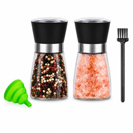 Premium Salt and Pepper Grinder Set of 2, 6 oz Refillable Glass Salt and Pepper Shakers with Adjustable Ceramic Grinder, Manual Pepper Mill Set Includes Funnel & Cleaning Brush, Transparent Lid