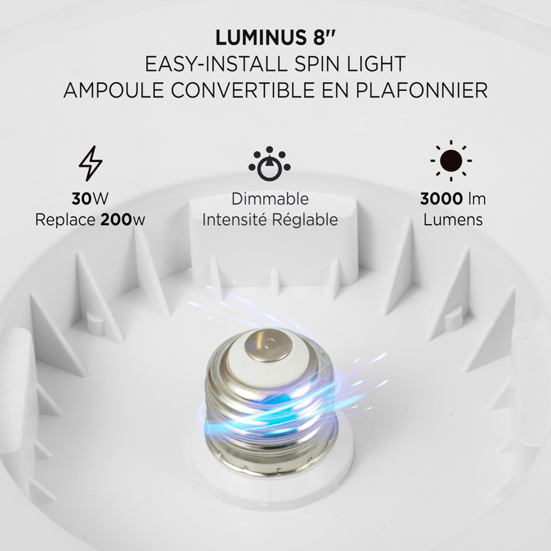 Luminus 8" Easy-Install Spin Light Flushmount Lights E26 Base, 200W