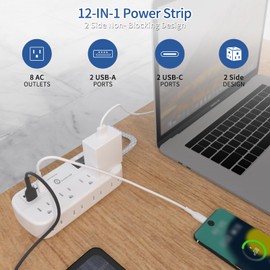 Overtop Power Strip Surge Protector, 8 Outlets with 4 USB Ports (2 USB C Ports), Multi Plug Wall Outlet Extender, 5Ft Flat Plug Extension Cord(13A/1625W) Charging Station for Travel Home Office Dorm