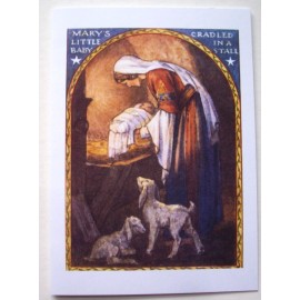 Mary places baby in manger Retro Christmas greeting card