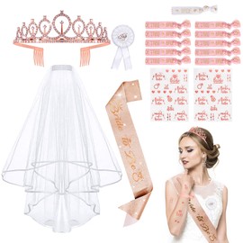 Bride to Be Sash and Veil, Pack of 16 Stag Party Women Decoration, Hen Party Accessories Women with 10 Team Bridal Bracelets, 1 Bridal Bracelet, Sash, Veil, Badge, Tiara, Tattoo