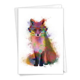 The Best Card Company - 1 Happy Birthday Card with Envelope - Adorable Colorful Animals, Fun Notecard - Funky Rainbow Wildlife Fox C4948ABDG