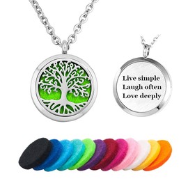 PanQueen Tree of Life Aromatherapy Essential Oil Diffuser Pendant Necklace Locket for Women Refill Pads Stainless Steel Valentines Gift