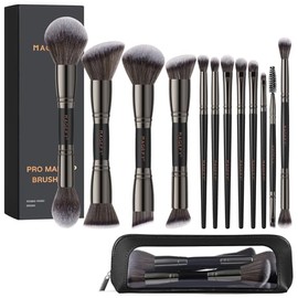 MAGEFY 12 Piezas Brochas para Maquillaje de Doble Función y Multifunción para Base, Polvos, Rubor, Delineador y Sombras, con Estuche y Caja de Regalo (Negro)