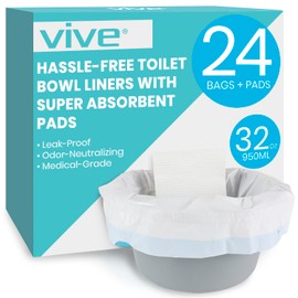 Vive Toilet and Commode Liners with Super Absorbent Pads (24 Pack) - Camping Emergency Toilet Seat Bags - Disposable & Portable Waste Liners for Adults - Hurricane Preparedness Items Supplies Kit