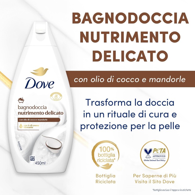 Dove Bagnodoccia Nutrimento Delicato, Idratante Dermo-Naturale, Olio di Cocco, 1/4