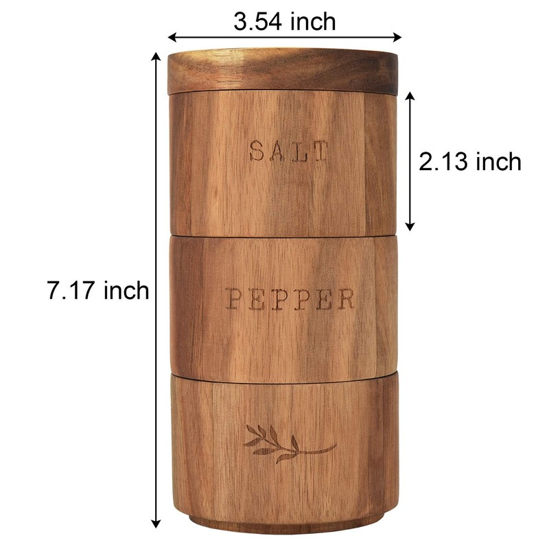 Acacia Wood Salt Pepper Shaker Set Cellar 3 piece Stacking
