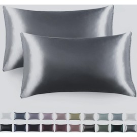 Satin Pillow Shams 2 Pcs Super Soft and Luxury Pillowcases (Standard 48cm x73cm, Gray)