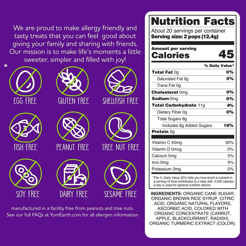 YumEarth Assorted Organic Lollipops 40 Count Vegan Gluten Free Allergy