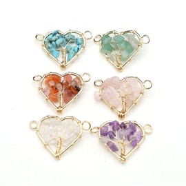 LE SKY 8 Pcs Natural Chip Stone Pendant Connectors Mixed Crystal Stone Wire hand knitting Heart Shape Life Tree Charms for Jewelry Making Necklace Bracelet DIY