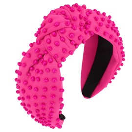 YISSION 1PC Pearl Knotted Headband for Women Non Slip Beaded Headband Wide Pearl Headbands for women Jeweled Embellished Hairband Hot Pink Head Band Hair Accessories for Women Girls